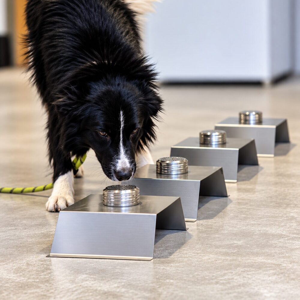 Bordercollie speurt metalen geurboxen af